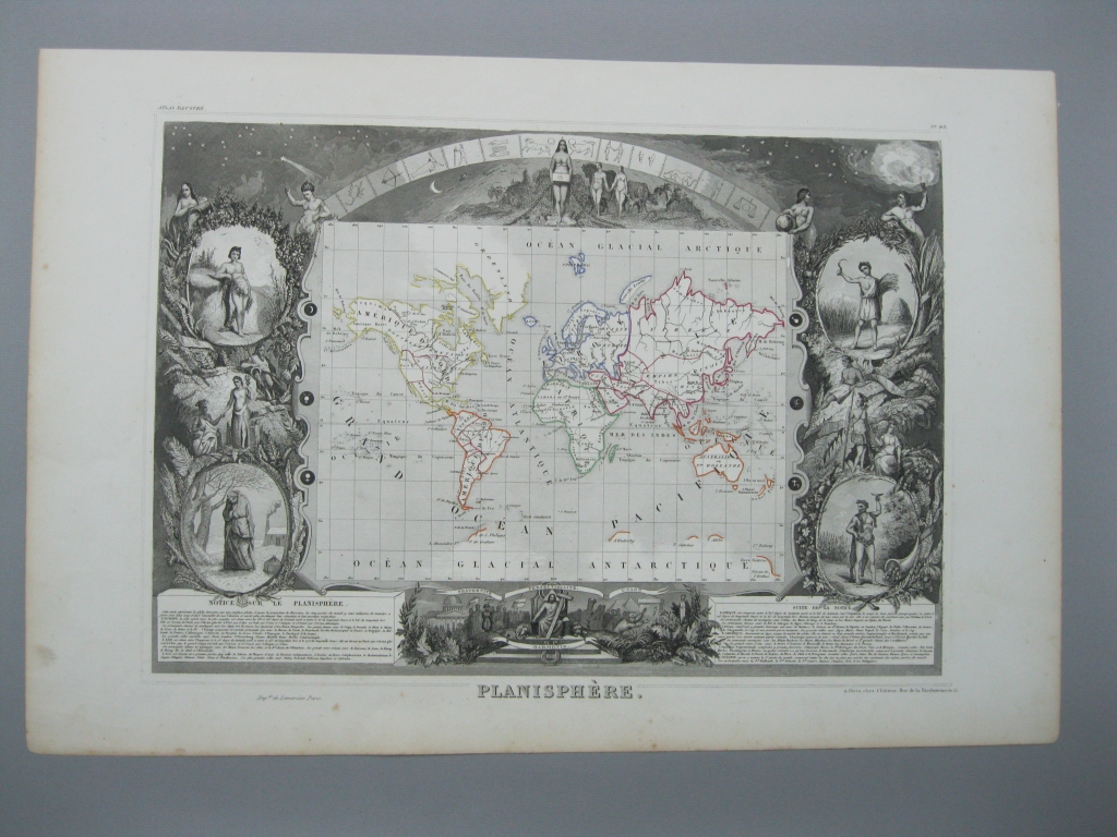 Planisferio o Mapa del Mundo decorado, 1854.Levasseur